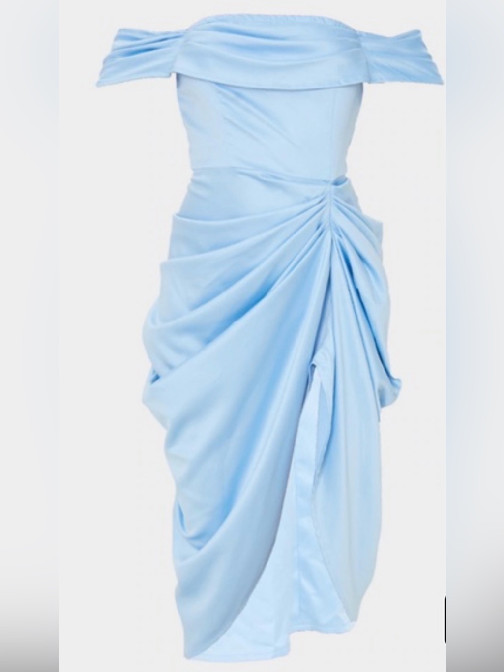 Prettylittlething Strapless Draped Satin Dress In Light Blue